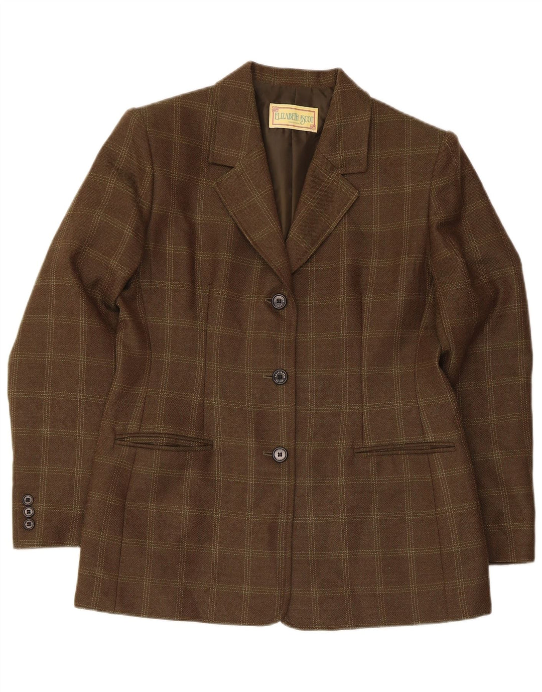 Damska marynarka Elizabeth Ascot zapinana na 3 guziki US 18 2XL Khaki, wełniana krata