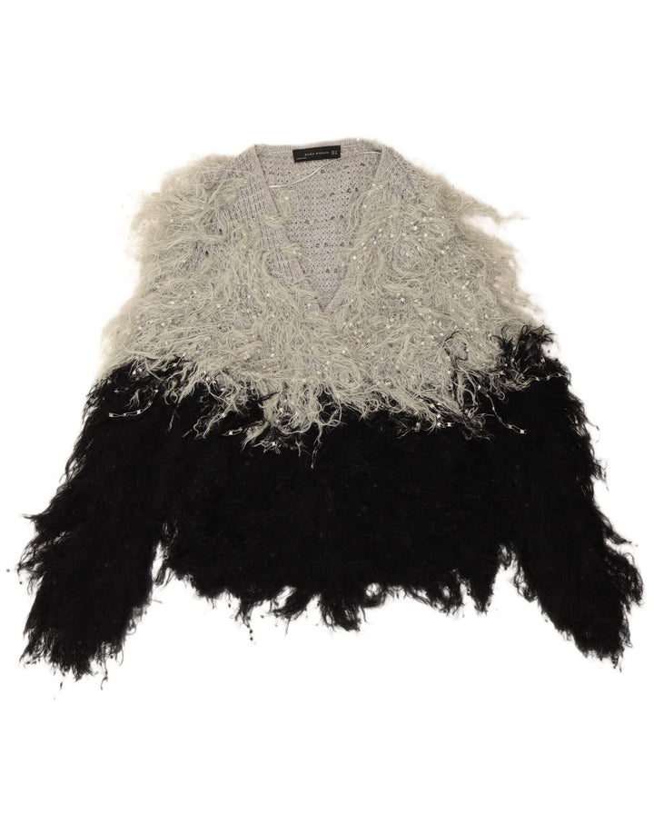 Damski sweter oversize Zara z dekoltem w kształcie litery V, UK 14, średni czarny, blok kolorów