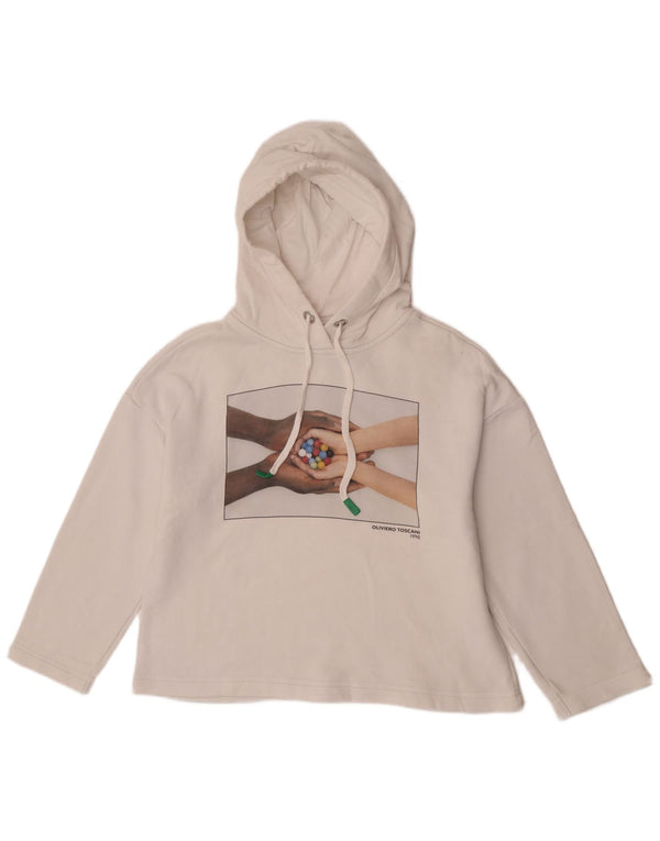 Damski sweter z kapturem i grafiką Benetton, duży, UK 10, mały, biały, bawełniany