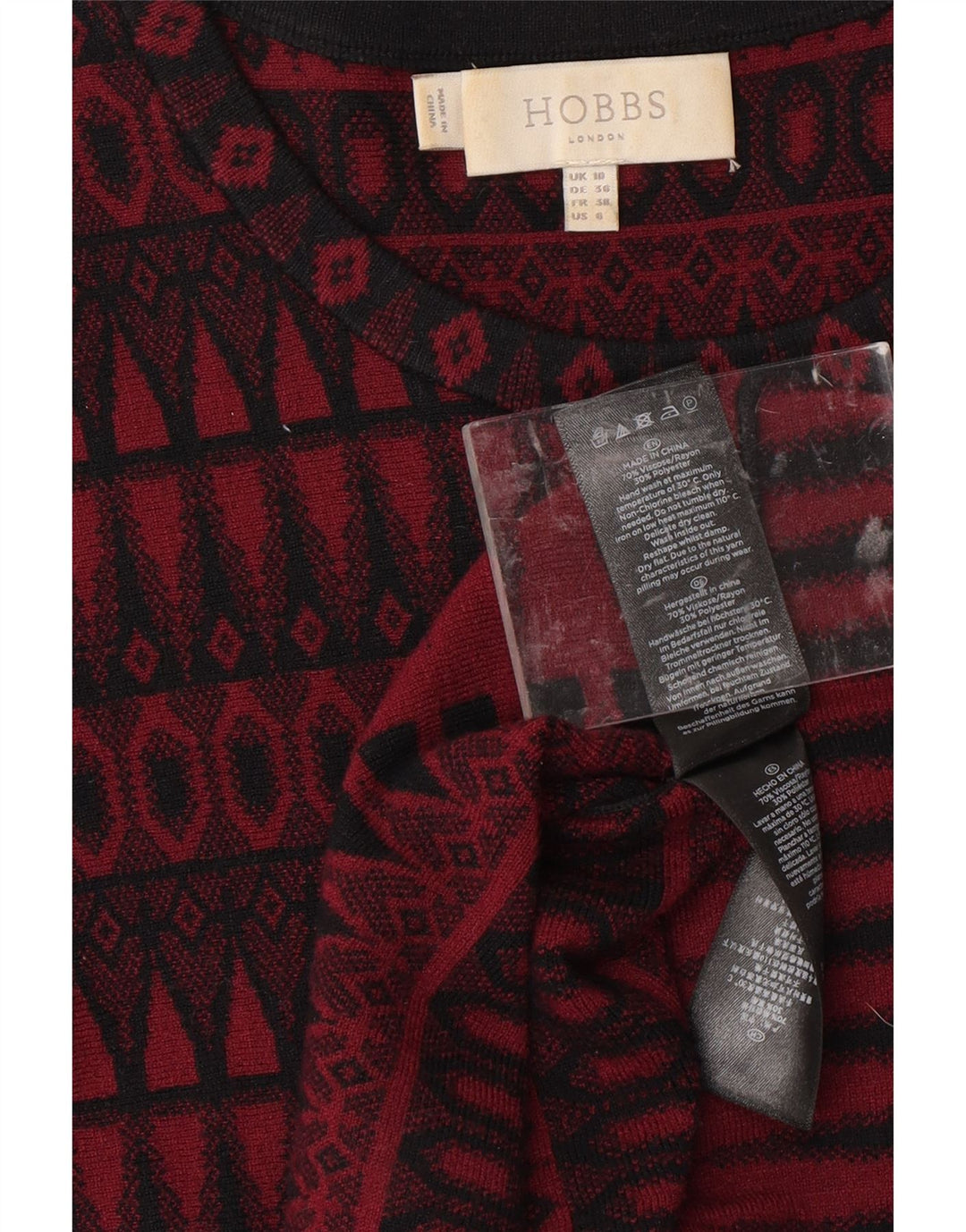Damska sukienka sweterkowa z rękawem 3/4 HOBBS UK 10 Small, czerwona, geometryczna wiskoza
