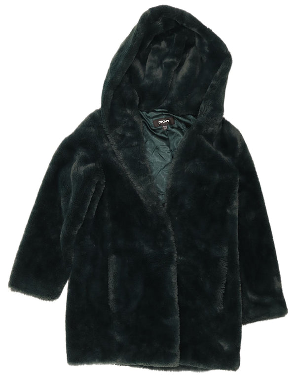Dkny damski oversize'owy płaszcz ze sztucznego futra z kapturem UK 6 XS, zielony poliester