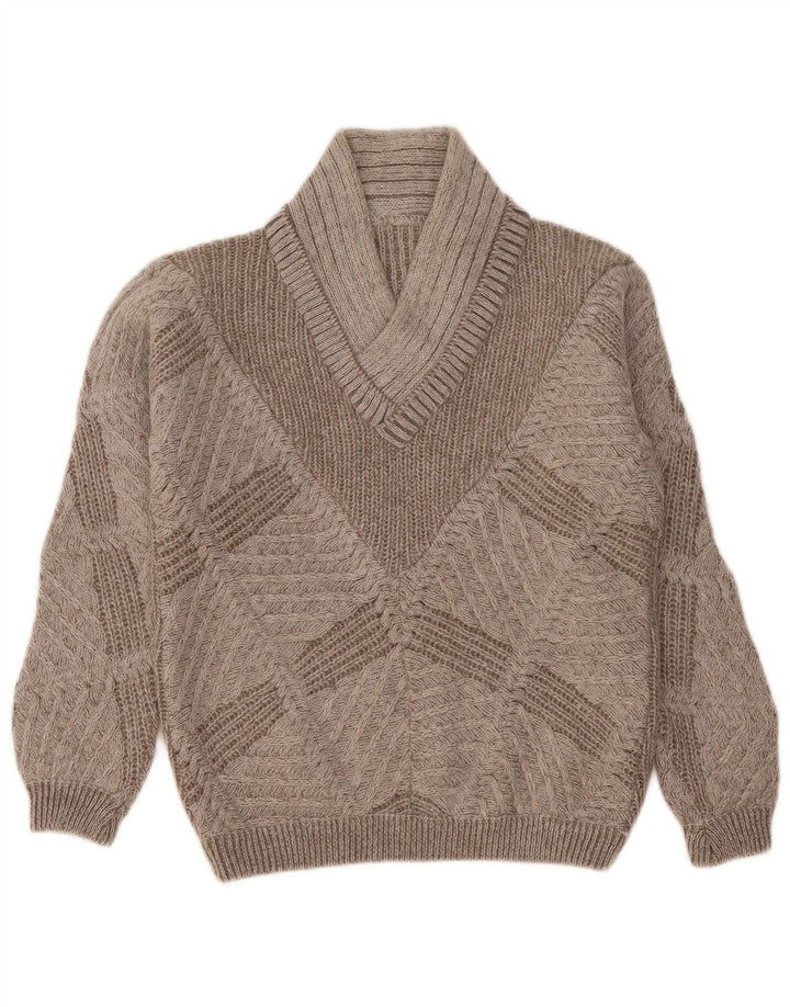 Sweter damski w stylu vintage z dekoltem w szpic UK 14 Średni szary geometryczny