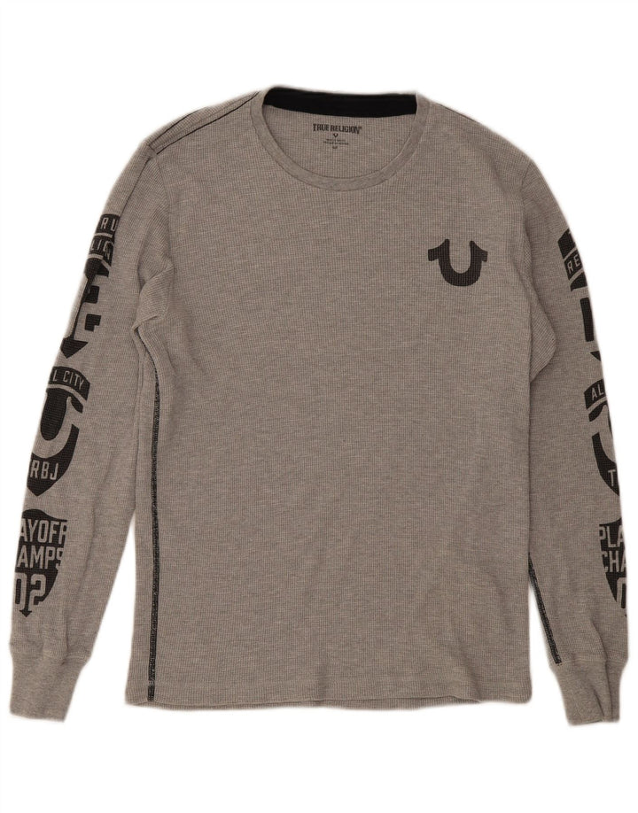 Męski top z grafiką True Religion z długim rękawem, mały, szary, bawełniany
