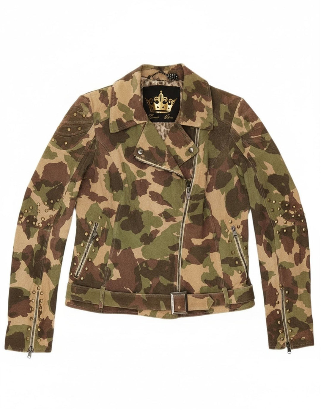 Vintage damska zamszowa kurtka motocyklowa UK 16, duża, zielona skóra w kamuflażu