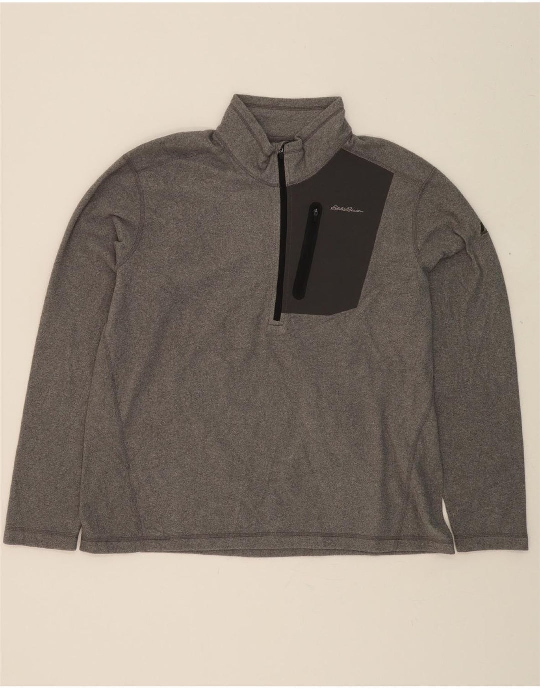 EDDIE BAUER Mens Zip Neck Fleece Jumper XL Grey Colourblock Polyester Vintage Eddie Bauer and Second-Hand Eddie Bauer from Messina Hembry 