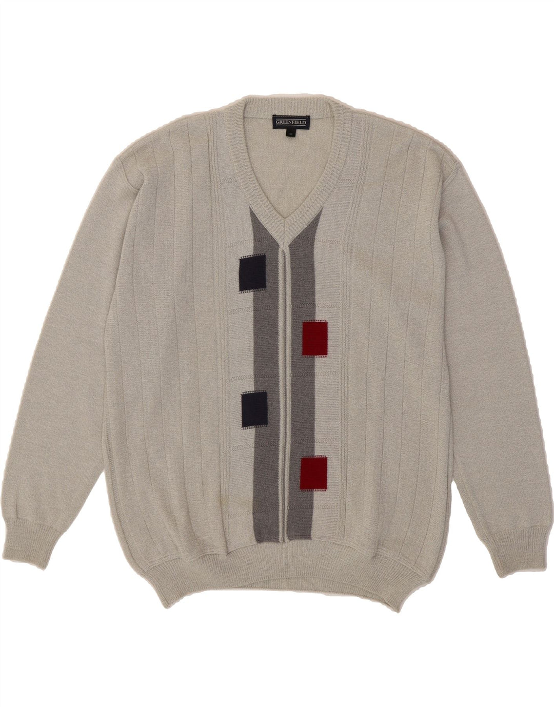 GREENFIELD Mens V-Neck Jumper Sweater IT 52 Large Grey Geometric Vintage Greenfield and Second-Hand Greenfield from Messina Hembry 