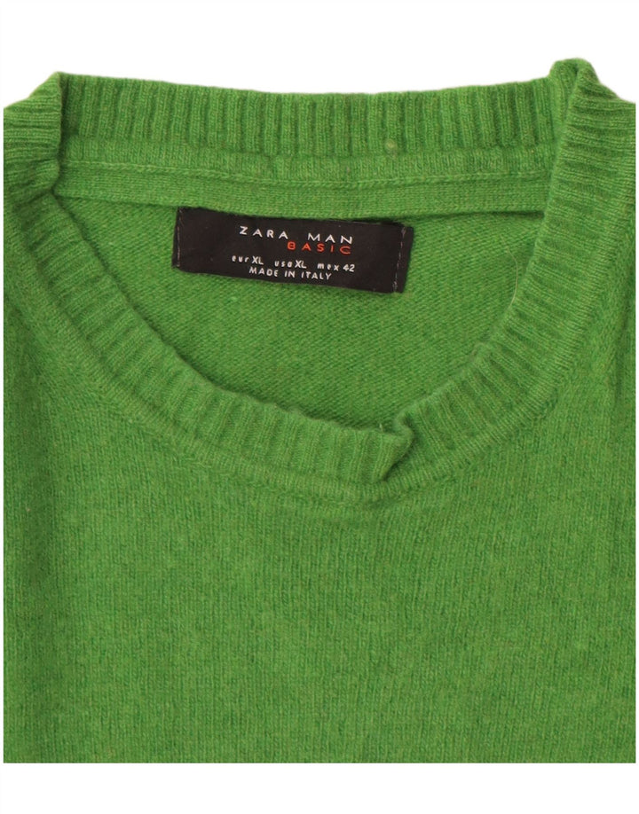 Męski sweter z okrągłym dekoltem Zara XL, zielona wełna