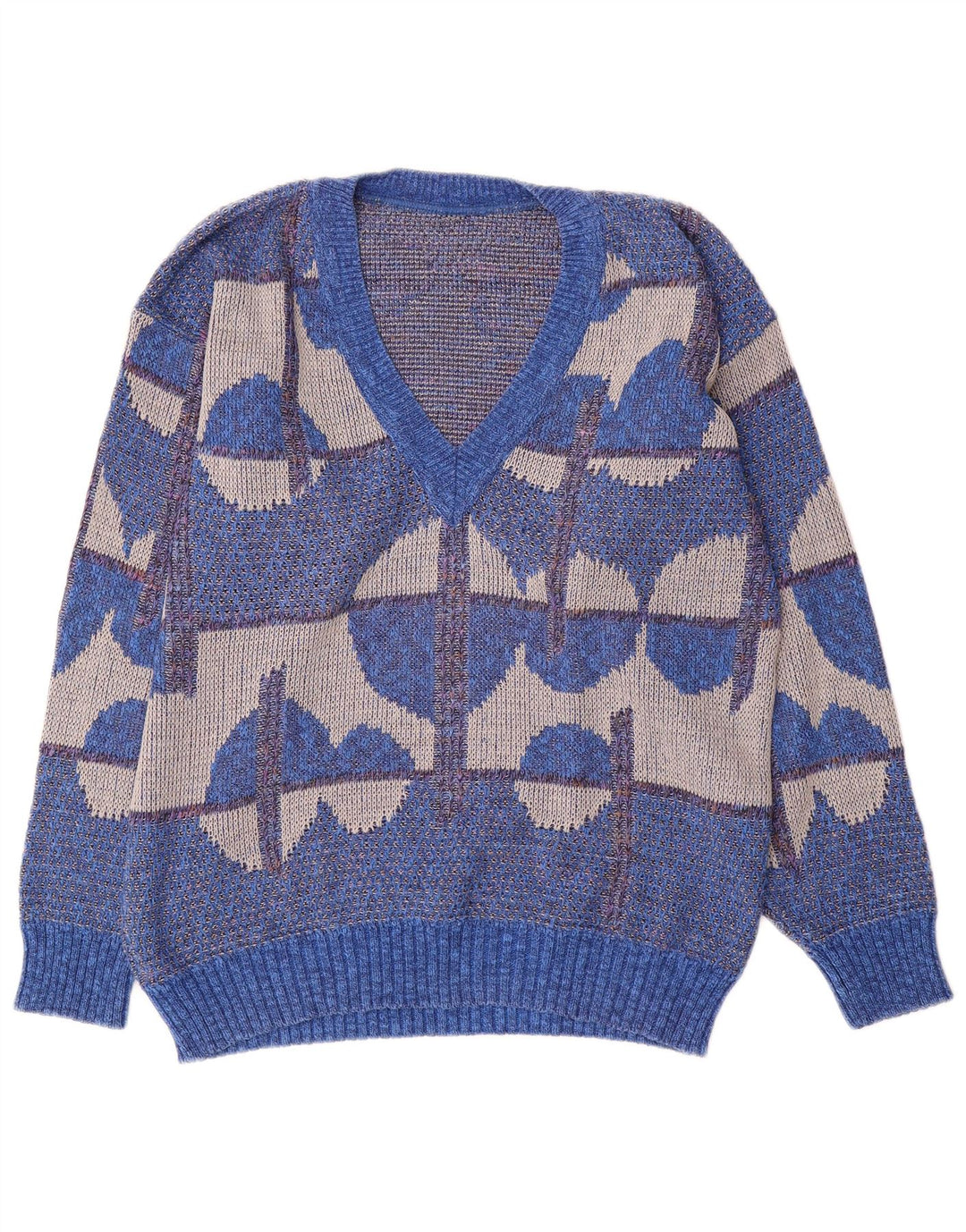 Męski sweter w stylu vintage z dekoltem w szpic IT 50 Średnioniebieski, geometryczny, bawełniany