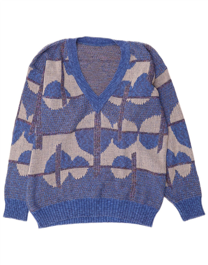 Męski sweter w stylu vintage z dekoltem w szpic IT 50 Średnioniebieski, geometryczny, bawełniany