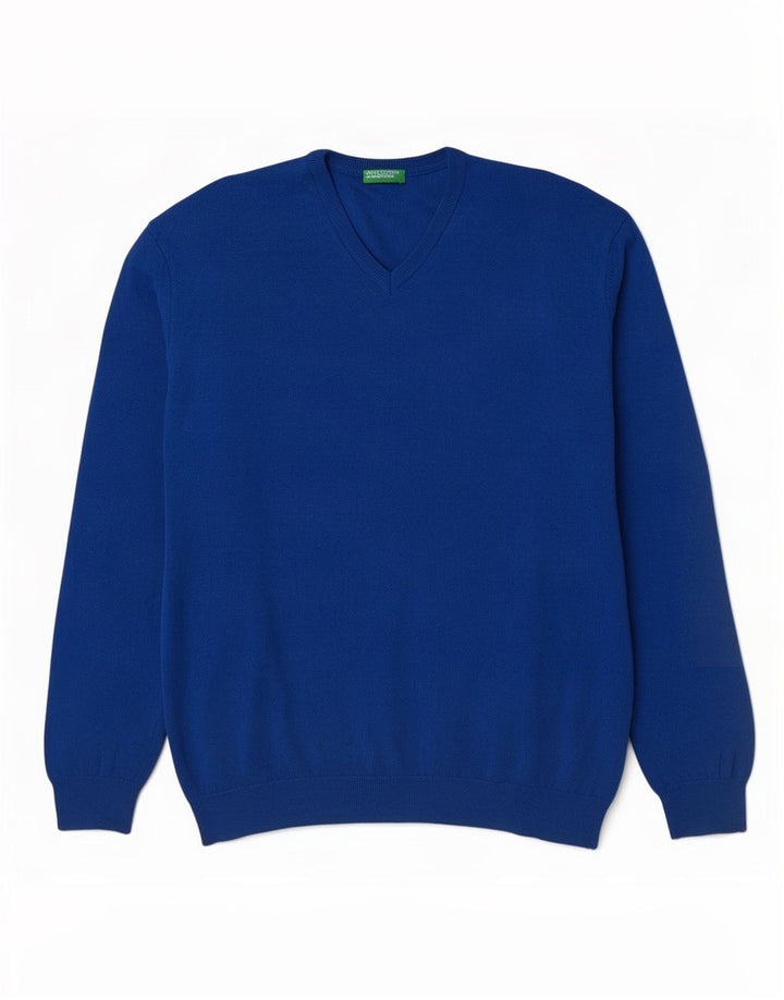 Męski sweter z dekoltem w kształcie litery V, Benetton, 2XL, niebieska wełna merynosów