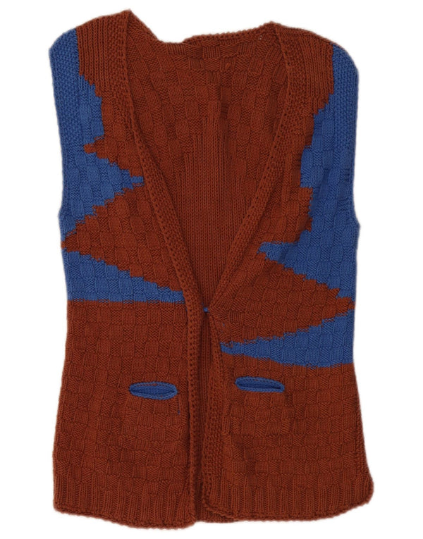 Damski sweter bez rękawów w stylu vintage, UK 8, mały, brązowy, z blokami kolorów