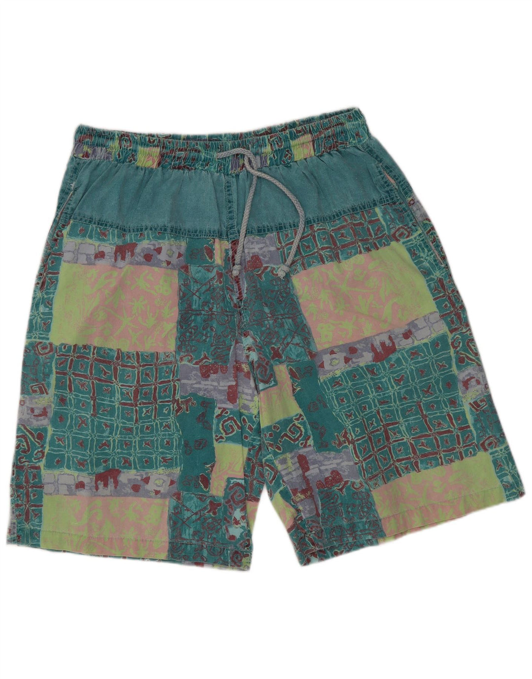 Męskie szorty z grafiką w stylu vintage XL W32, zielona patchworkowa bawełna