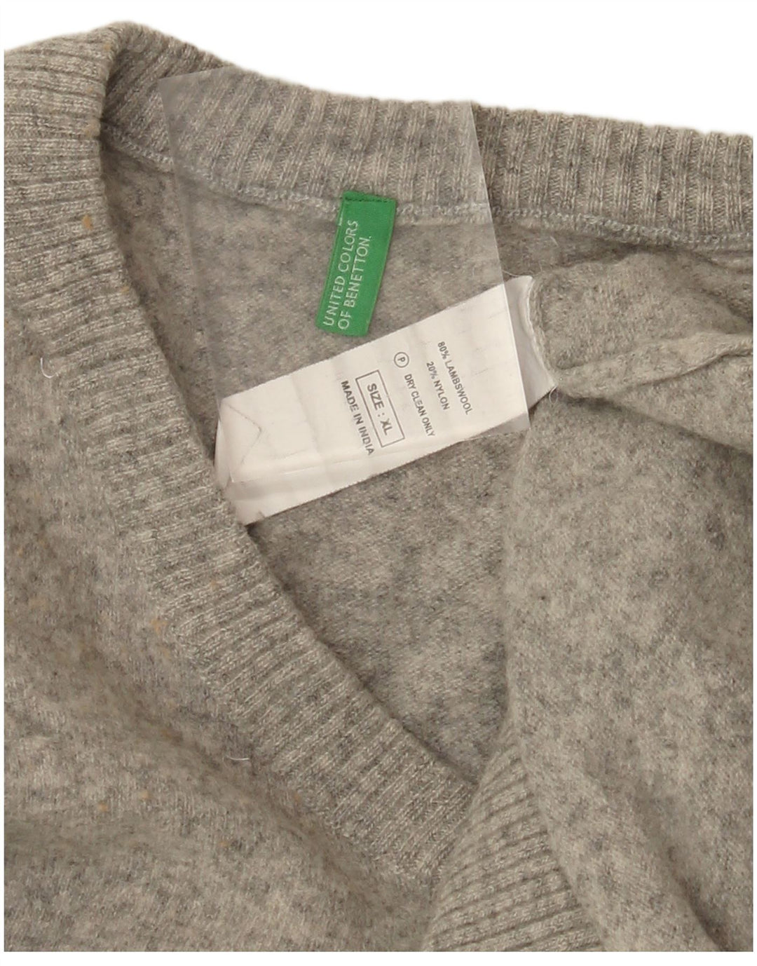 BENETTON Damski sweter z dekoltem w kształcie litery V, UK 18 XL, szara owcza wełna