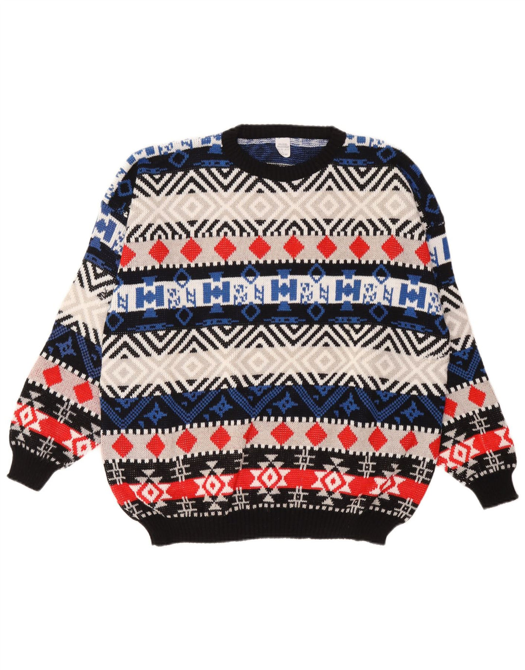 Vintage męski sweter z wycięciem pod szyją, duży, wielobarwny, geometryczny wełniany