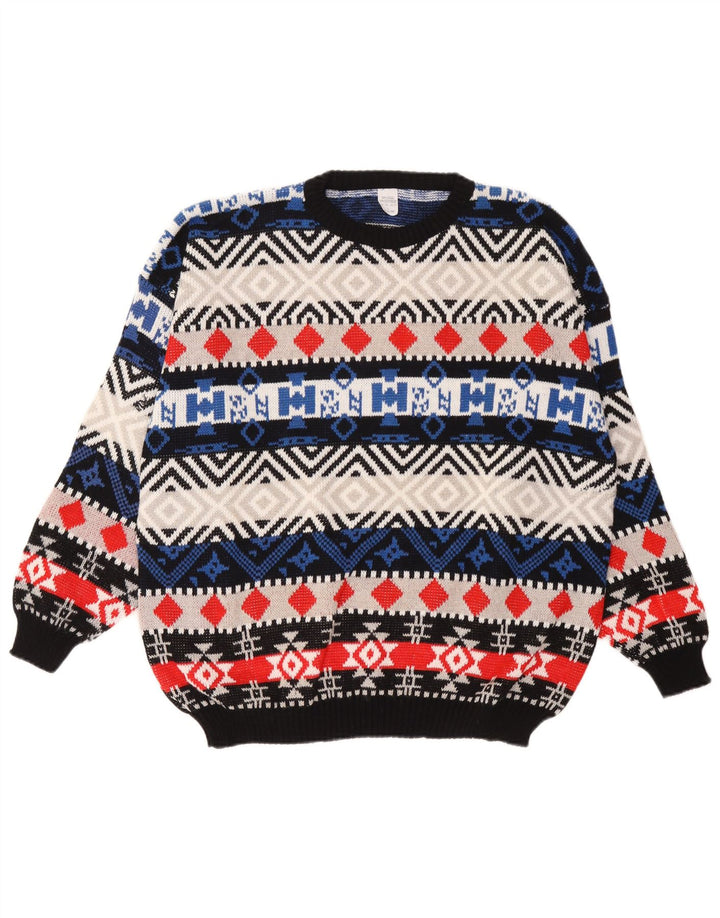 Vintage męski sweter z wycięciem pod szyją, duży, wielobarwny, geometryczny wełniany