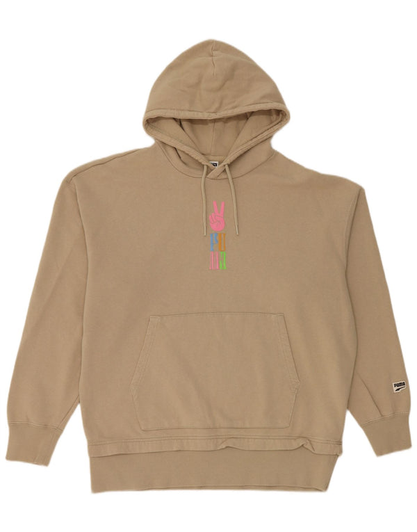 Puma Womens Graphic Oversized Hoodie Jumper UK 16 Large Beige Cotton