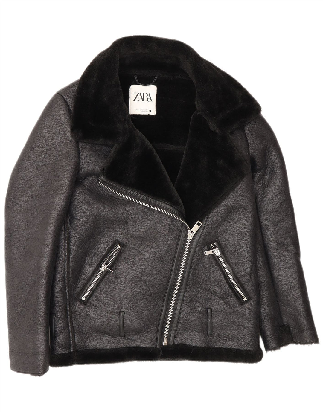 Damska kurtka typu oversize Biker Sherpa o luźnym kroju Zara UK 6 XS, czarny poliester