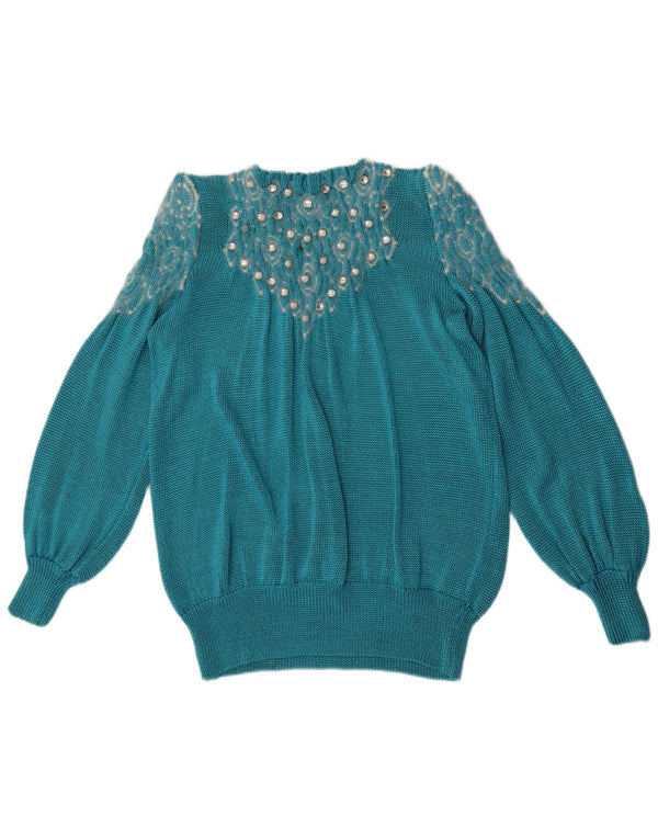 Vintage damski sweter z abstrakcyjnym wzorem i okrągłym dekoltem UK 14, duży niebieski