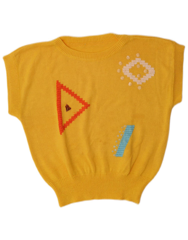 Sweter damski w stylu vintage z dekoltem w łódkę UK 14, duży, żółty, geometryczny