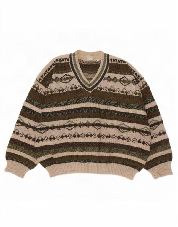 Męski sweter w stylu vintage z dekoltem w szpic IT 52, duży, khaki, Fair Isle, akryl