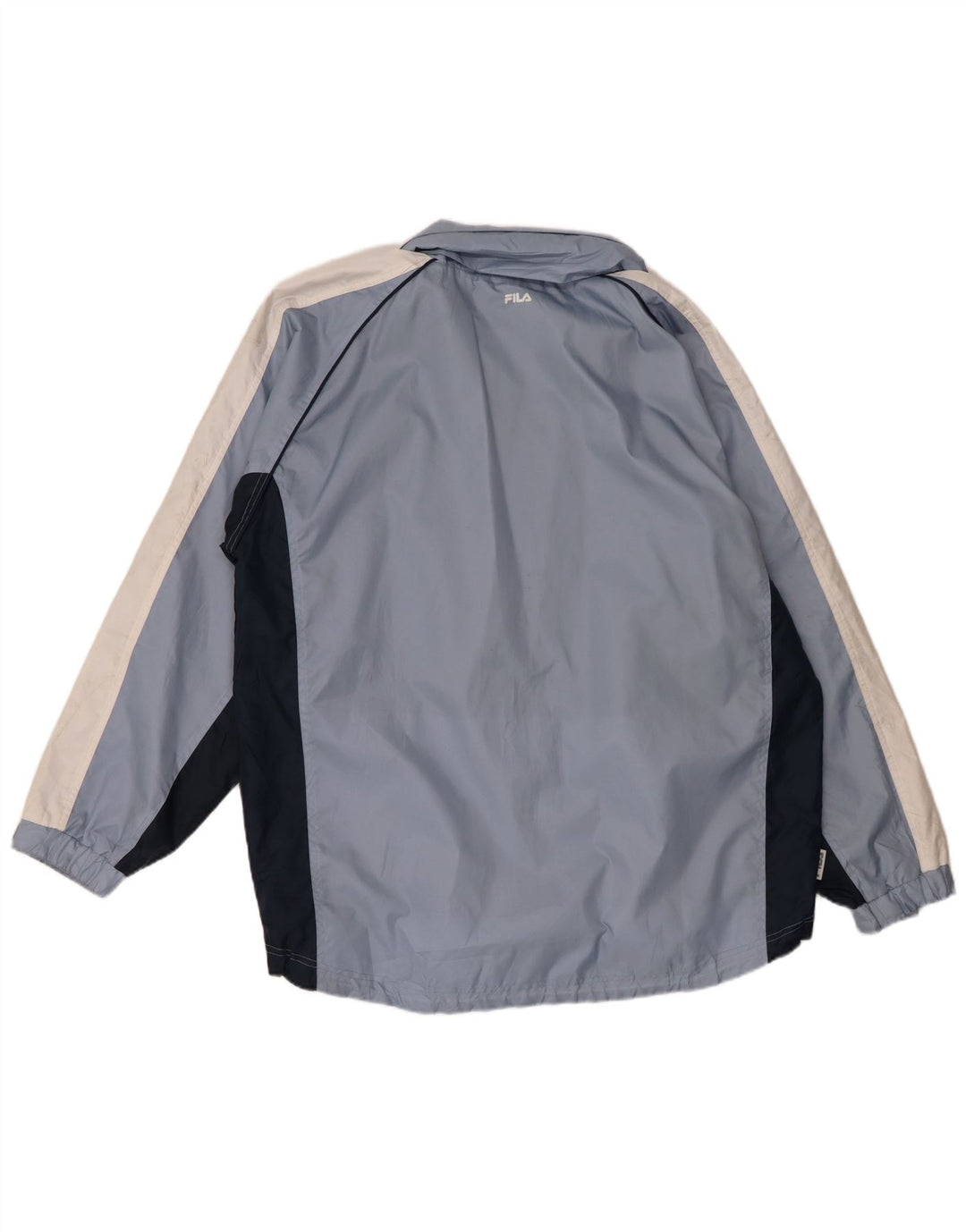 Męska kurtka wiatrówka z kapturem Fila UK 40, duży niebieski nylon w bloki kolorów