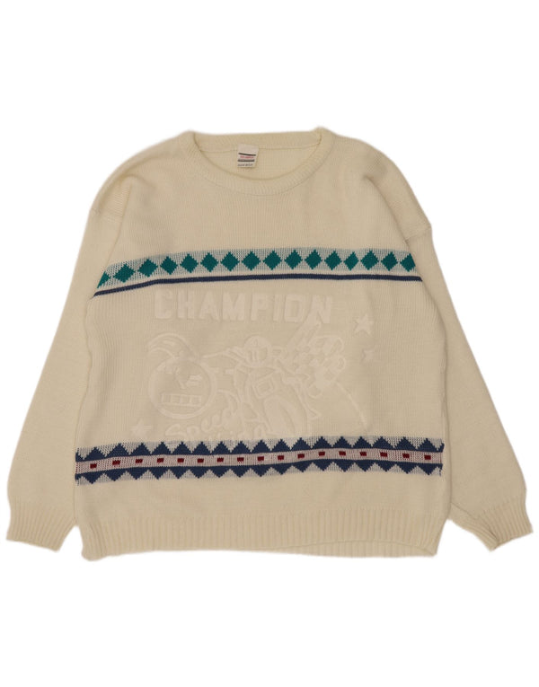 Vintage Mens Boat Neck Jumper Sweater Large Off White Argyle/Diamond