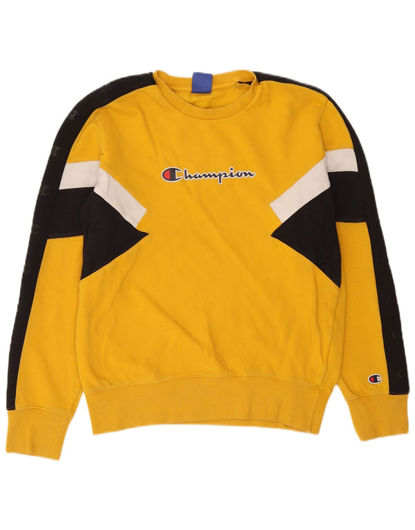 Champion Mens Graphic Sweatshirt Jumper Medium Yellow Colourblock Cotton