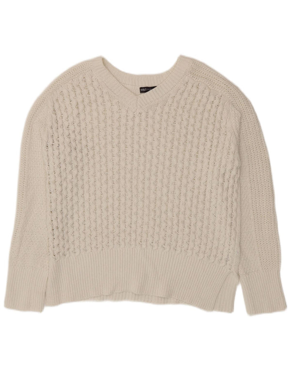 Marks & Spencer Damski sweter z dekoltem w kształcie litery V, UK 16, duży, biały, bawełniany