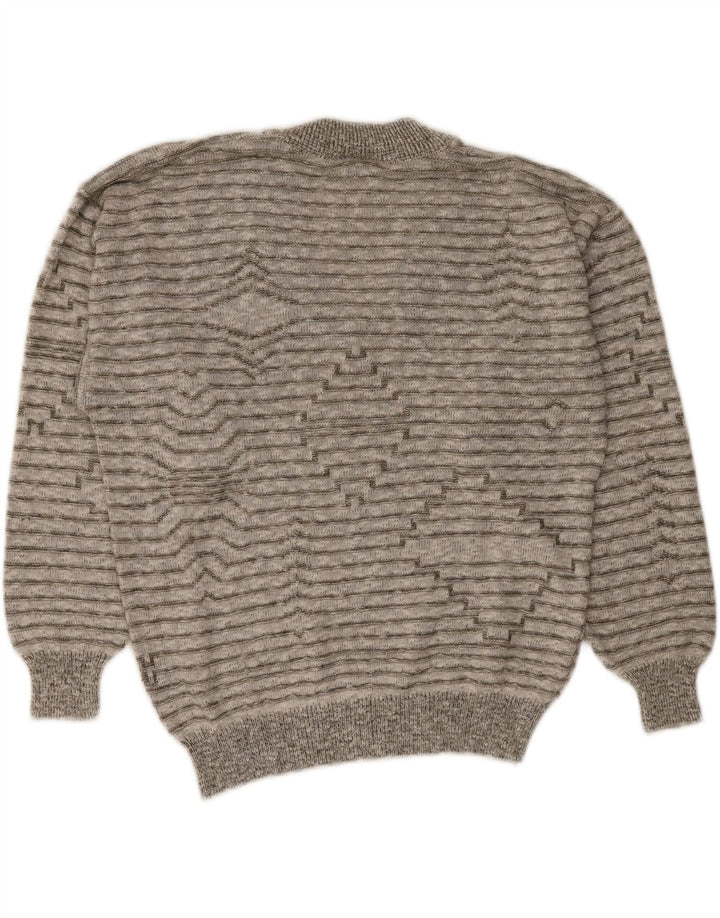 Męski sweter w stylu vintage z dekoltem w szpic, w średnie szare paski