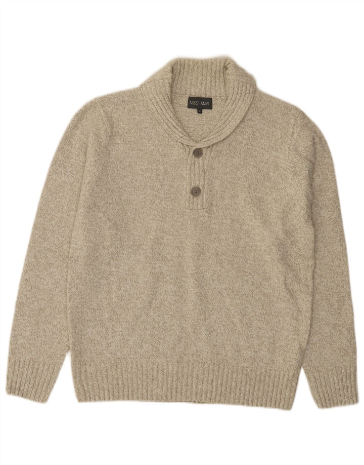 Marks & Spencer Męski sweter z szalowym dekoltem, średni zielony, nakrapiany akryl