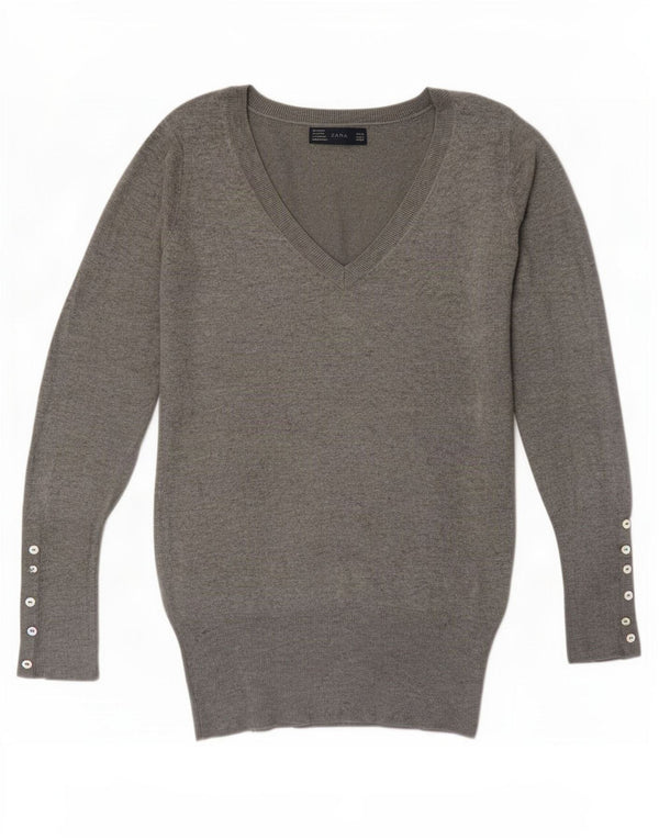 Sweter damski Zara z dekoltem w kształcie litery V, UK 12, średni szary