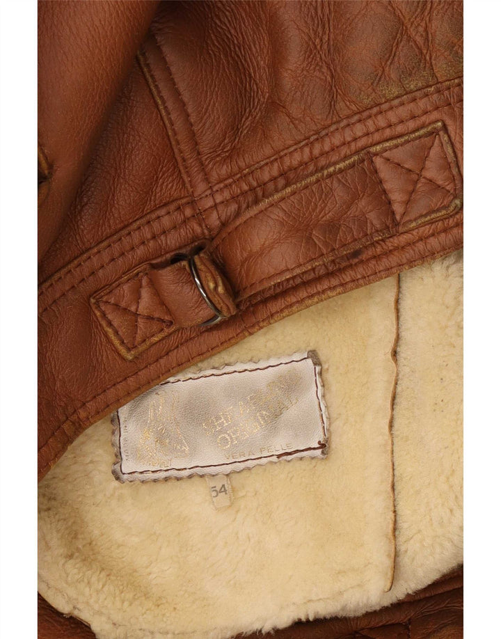 Vintage męska kurtka shearling IT 54 2XL brązowa skóra
