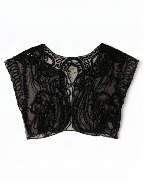 Vintage Womens Crop Sleeveless See Through Top UK 8 Small Black Paisley