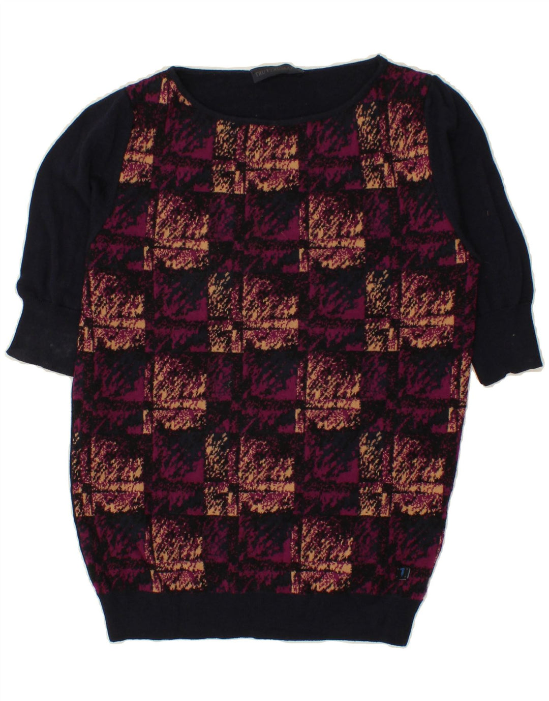 TRUSSARDI Womens Boat Neck Jumper Sweater UK 14 Large Navy Blue Patchwork Vintage Trussardi and Second-Hand Trussardi from Messina Hembry 