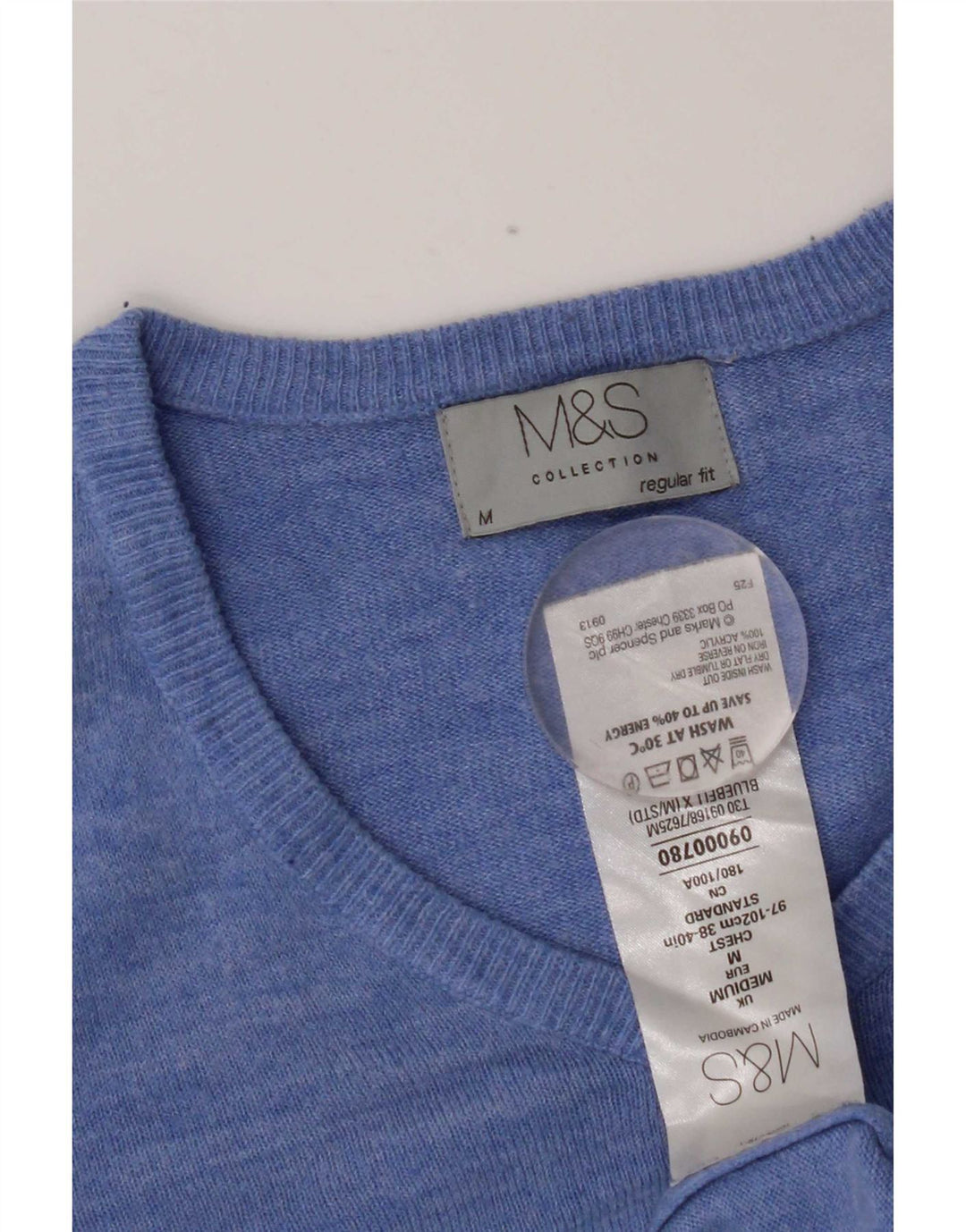 Marks & Spencer Męski sweter o regularnym kroju z dekoltem w kształcie litery V, średnioniebieski, akrylowy