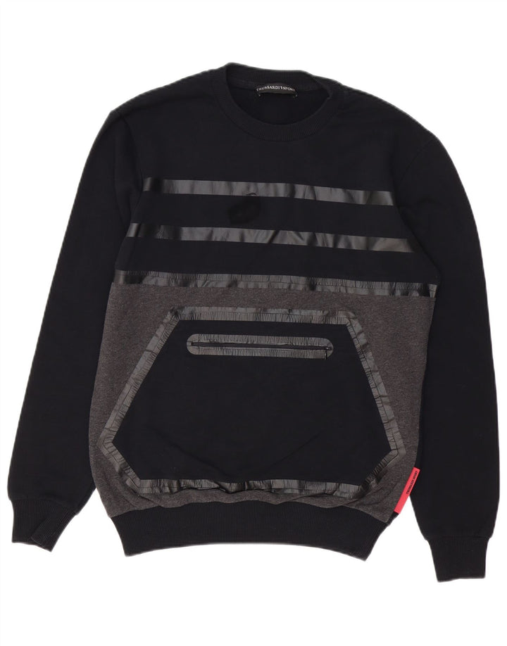 TRUSSARDI Mens Sweatshirt Jumper Small Black Colourblock Cotton