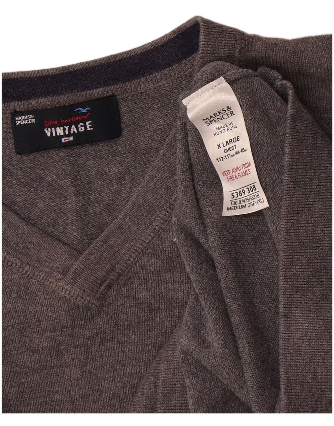 Marks & Spencer Męski sweter z dekoltem w kształcie litery V, XL, szary, bawełniany