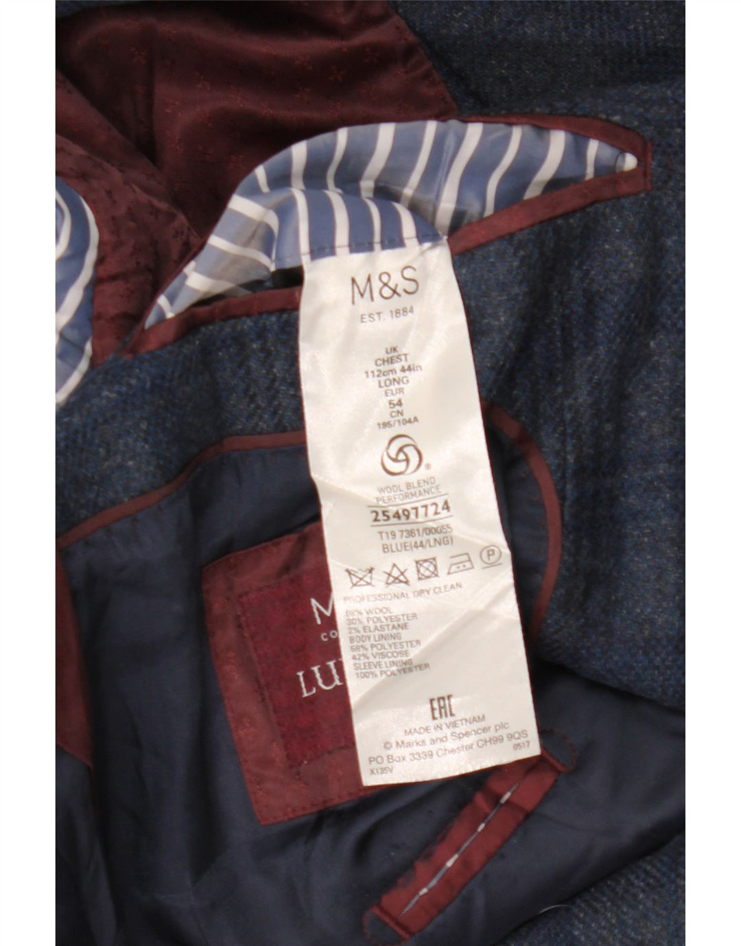 Marks & Spencer Męska marynarka zapinana na 2 guziki UK 44 2XL Niebieska wełniana kratka