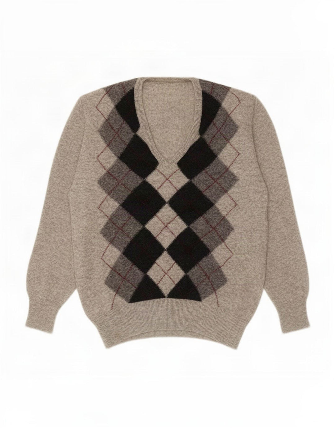 Vintage męski sweter z dekoltem w szpic, mały szary Argyle/diament