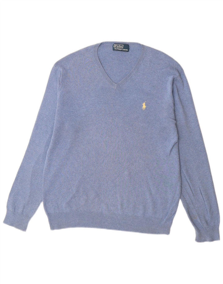 Polo Ralph Lauren Męski sweter z dekoltem w kształcie litery V, średnioniebieski, bawełniany