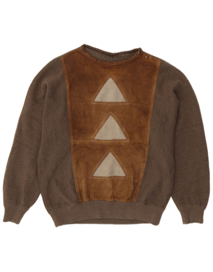 Męski sweter zapinany na guziki w stylu VINTAGE, duży, brązowy, geometryczny, wełniany