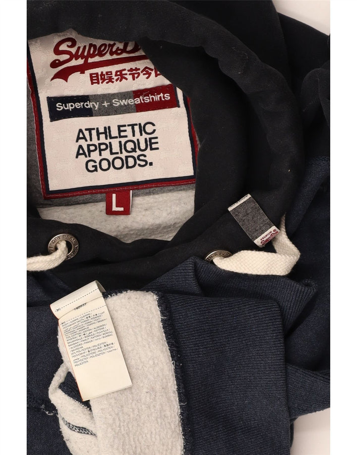 SUPERDRY Męski sweter z kapturem i grafiką, duży, granatowy, bawełniany w bloki kolorów