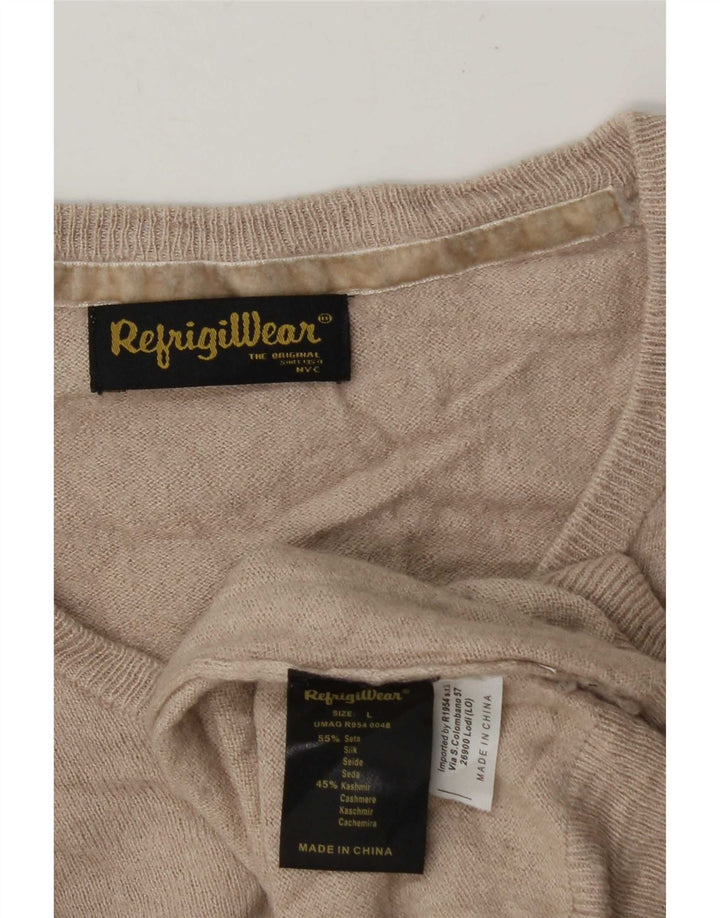 Refrigiwear Męski sweter z dekoltem w kształcie litery V, duży, beżowy jedwab