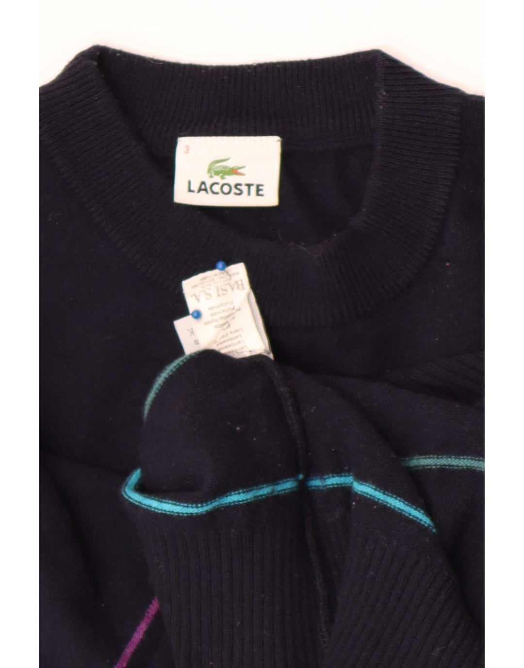 Męski sweter Lacoste z okrągłym dekoltem, rozmiar 3, małe granatowe paski