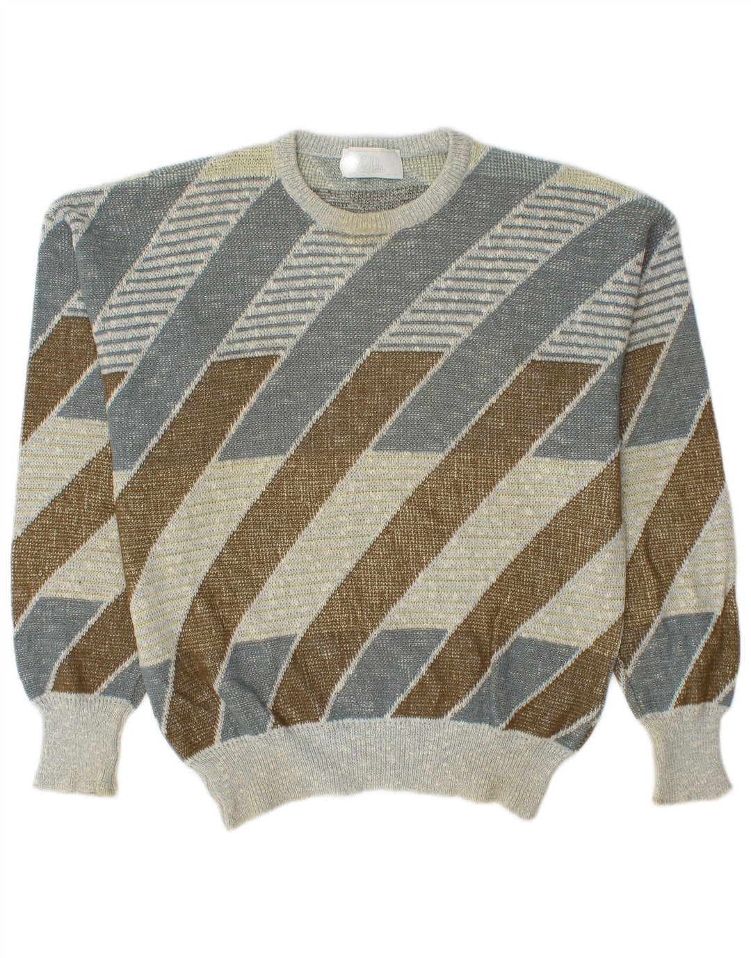 Vintage męski sweter z wycięciem pod szyją, średniej wielkości, wielobarwny, bawełniany w paski