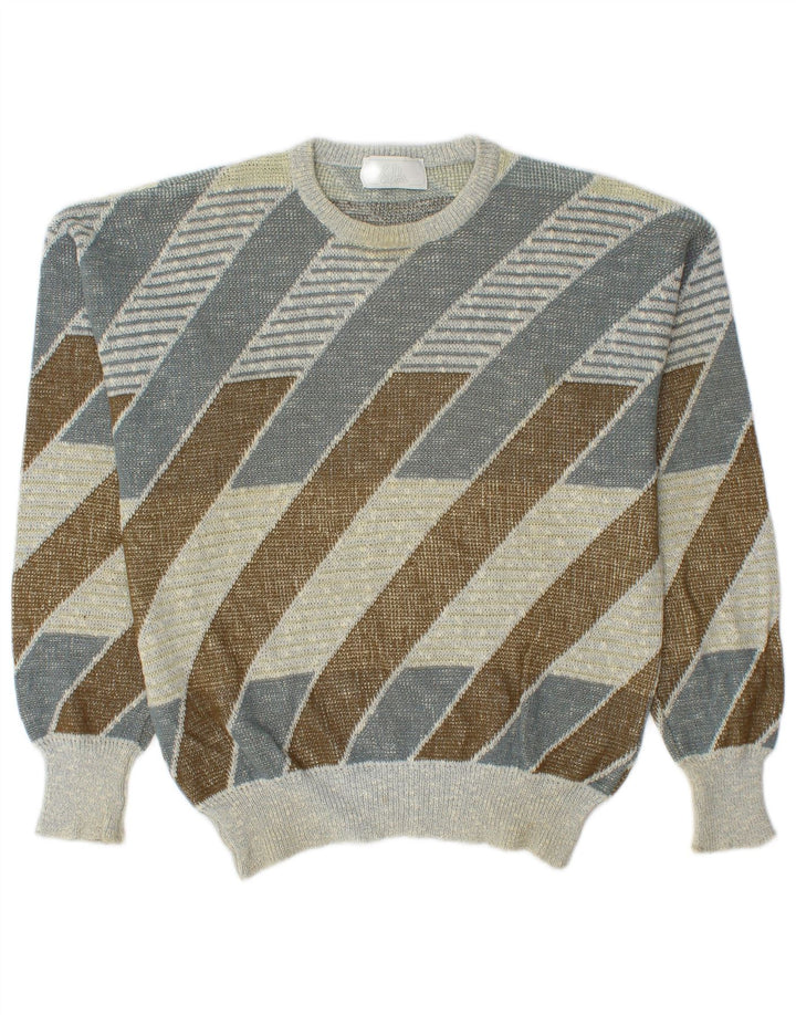 Vintage męski sweter z wycięciem pod szyją, średniej wielkości, wielobarwny, bawełniany w paski