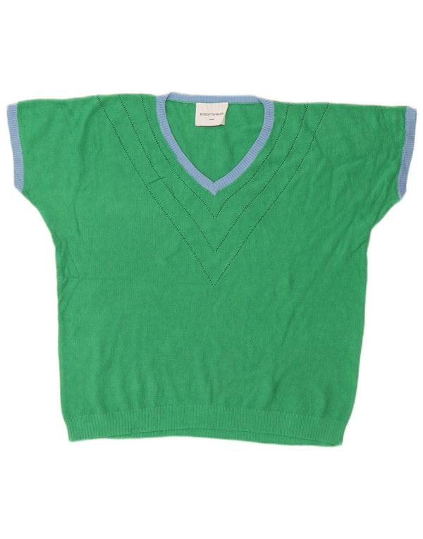 Vintage damski sweter Roma z krótkim rękawem i dekoltem w kształcie litery V, UK 14, duży zielony