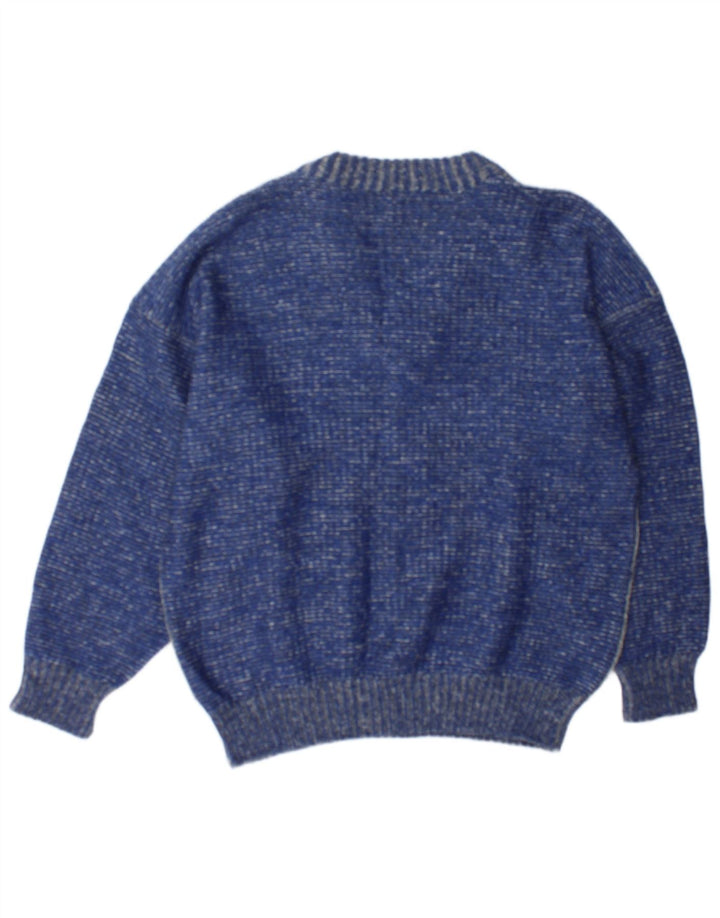 Męski sweter w stylu vintage z dekoltem w kształcie litery V, duży, niebieski, z blokami kolorów
