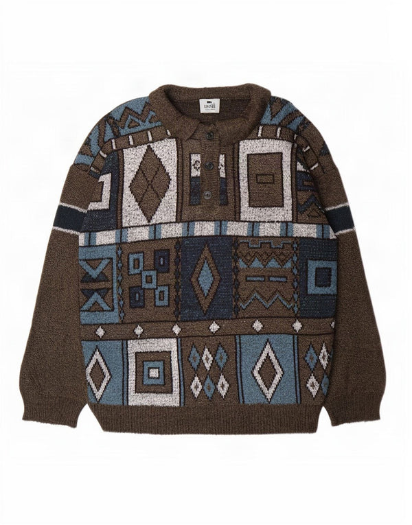 Męski sweter w stylu vintage, z dekoltem polo, duży, brązowy, geometryczny