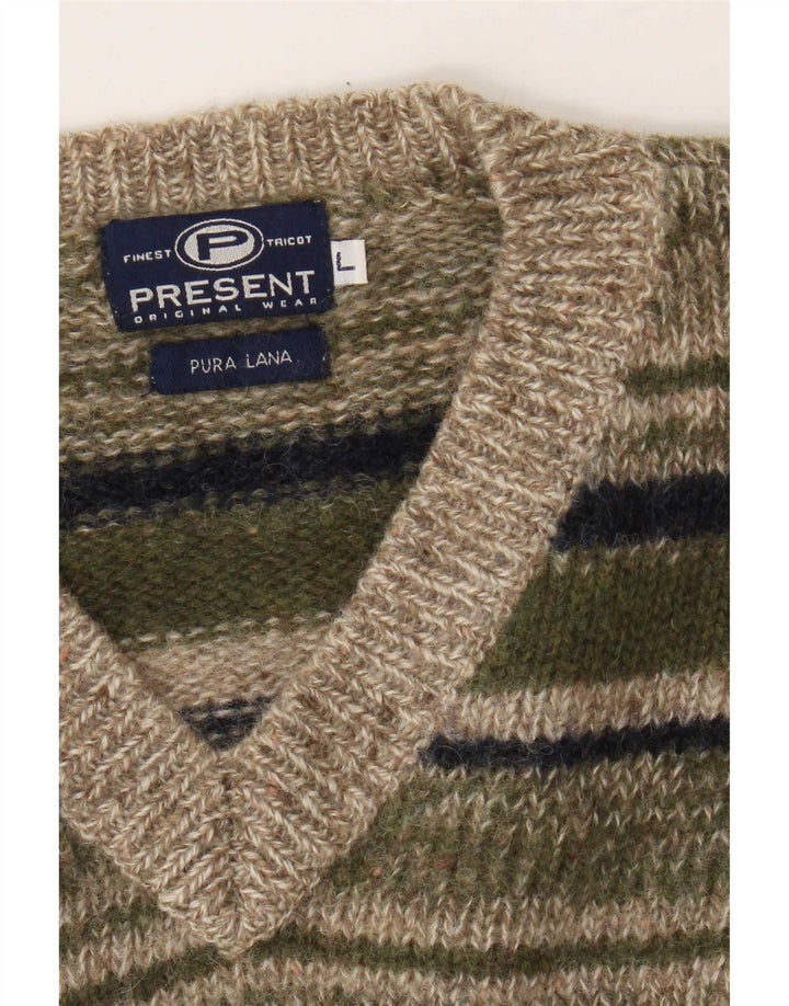 Męski sweter w stylu vintage z dekoltem w szpic, duża wełniana w paski khaki